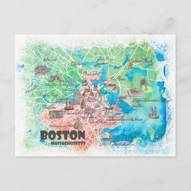 Boston Massachusetts USA Illustriert Map Postkarte (Vorderseite)