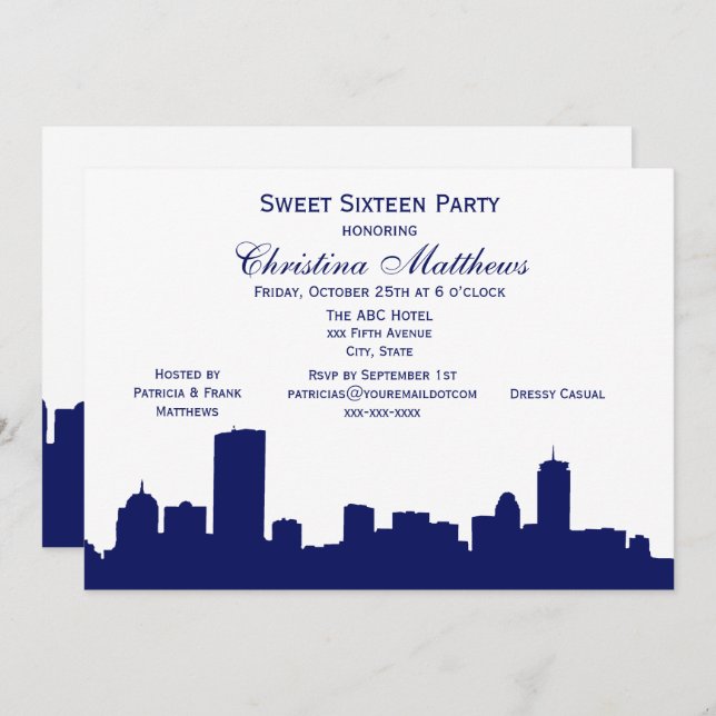 Boston Navy Skyline Silhouette Sweet 16 Party Einladung (Vorne/Hinten)