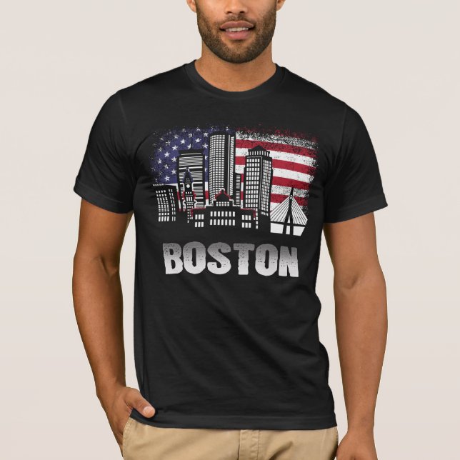 Boston Skyline American Flag T - Shirt (Vorderseite)