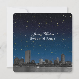 Boston Skyline Blue Starry Etched Sweet 16 Einladung