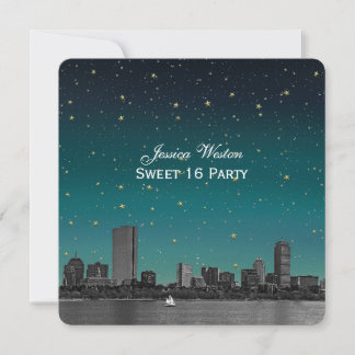 Boston Skyline Blue Starry Etched Sweet 16 Einladung