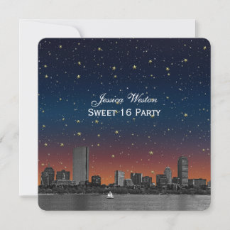 Boston Skyline Blue Starry Etched Sweet 16 Einladung