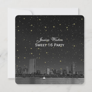Boston Skyline Blue Starry Etched Sweet 16 Einladung