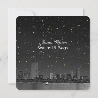 Boston Skyline Blue Starry Etched Sweet 16 Einladung