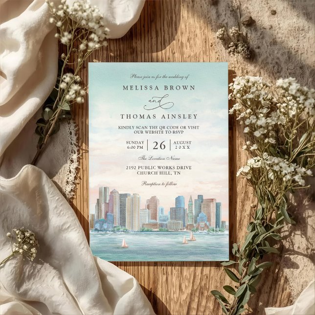 Boston Skyline Destination Elegant QR Code Wedding Einladung (Von Creator hochgeladen)