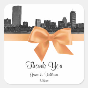 Boston Skyline Etched BW Peach Favor Tag Sticker