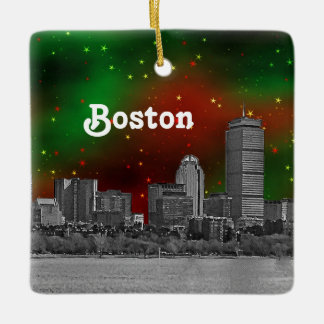 Boston Skyline Etched Green Red Starry Sky Xmas Keramikornament