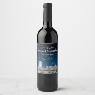Boston Skyline Etched Starry Blue Gradient BG Weinetikett