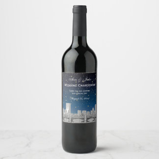 Boston Skyline Etched Starry Blue Gradient BG Weinetikett