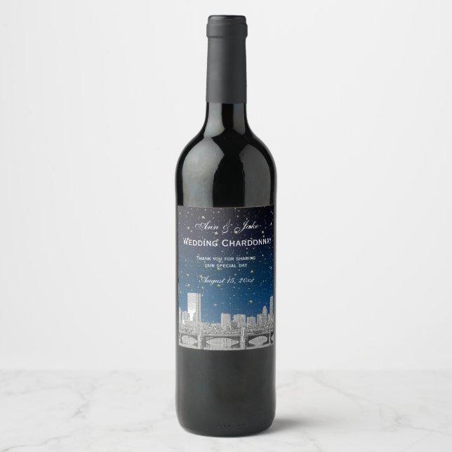 Boston Skyline Etched Starry Blue Gradient BG Weinetikett (Vorderseite)