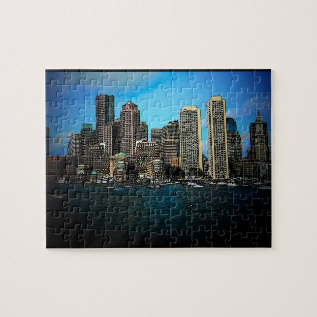 Boston Skyline Foto Art Zeichnend Puzzle (Horizontal)