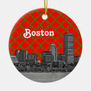 Boston Skyline Gravur Grün Rot Quatrefoil Hintergr Keramikornament