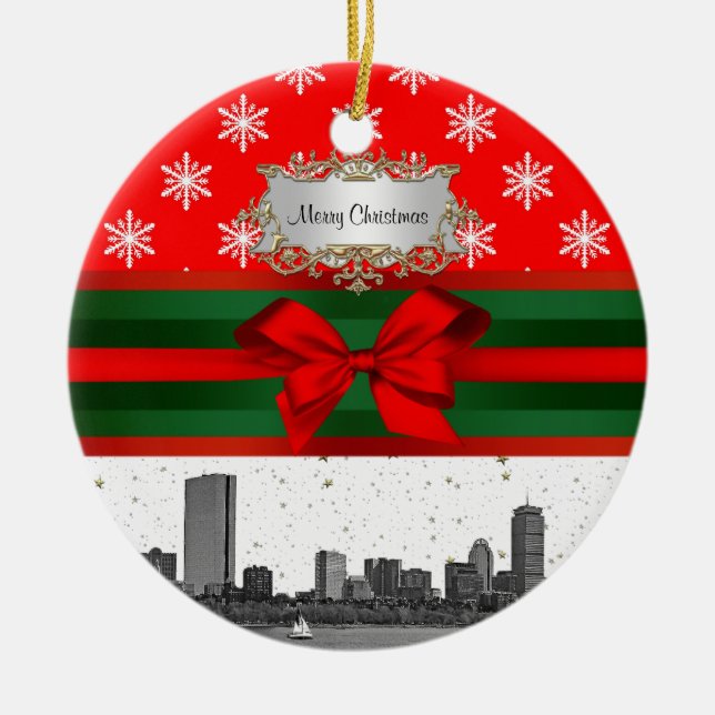 Boston Skyline Red Snowflake Weihnachten Keramik Ornament (Vorne)
