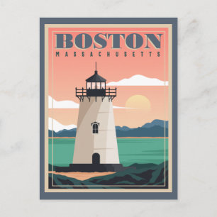 Boston Skyline und Leuchtturm   Massachusetts Postkarte