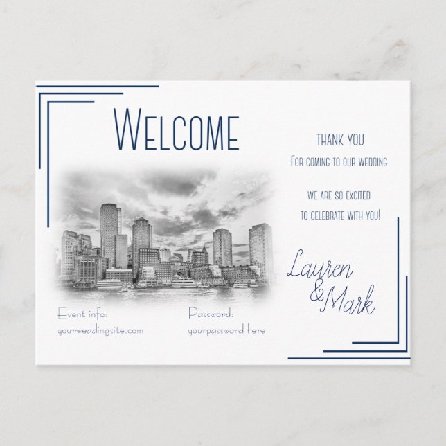 Boston Skyline Wedding Welcome Card für Geschenkta Postkarte (Vorderseite)