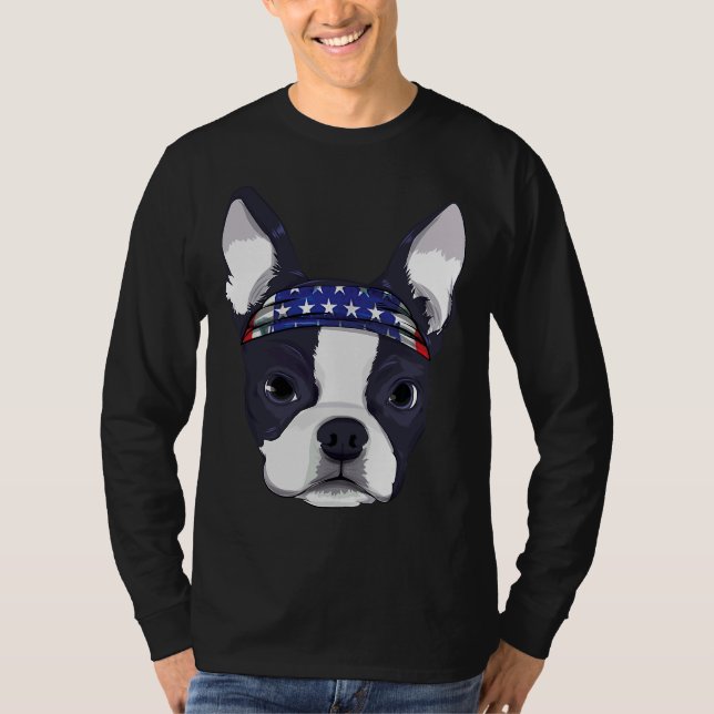 Boston Terrier 4. Juli Amerikanische Flagge Bandan T-Shirt (Vorderseite)