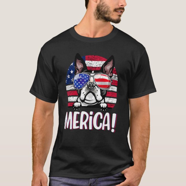 Boston Terrier 4. Juli Amerikanische Flagge Hund U T-Shirt (Vorderseite)