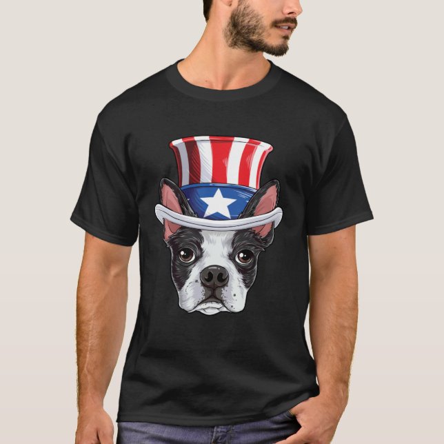 Boston Terrier 4th of July Uncle Sam Kids Boys Ame T-Shirt (Vorderseite)