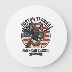 Boston Terrier Amerikanischer Klassischer Hund Fla Große Wanduhr
