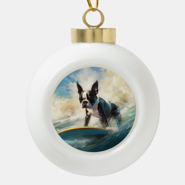 Boston Terrier Beach Surfainting Keramik Kugel-Ornament (Vorderseite)