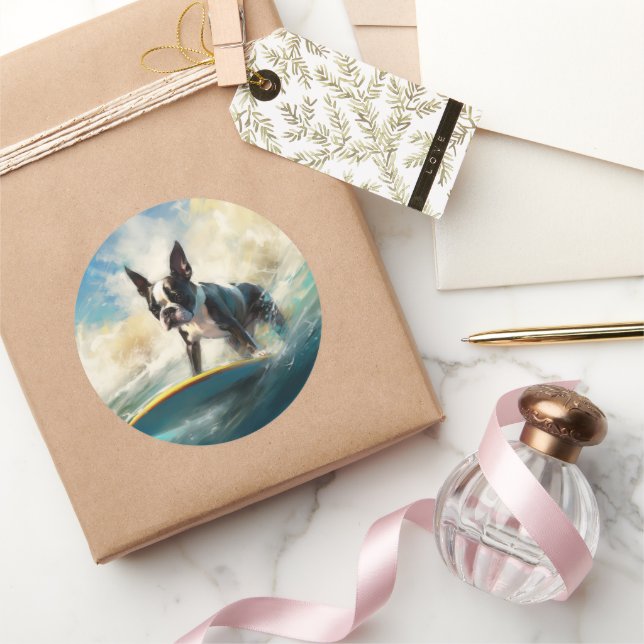 Boston Terrier Beach Surfainting Runder Aufkleber (Schenken)