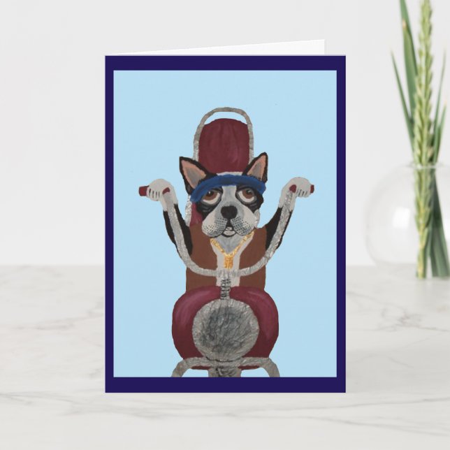 Boston Terrier Biker auf Motorrad Karte (Vorderseite)