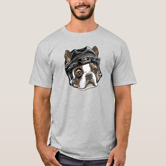 Boston Terrier Black Hockey Helm T-Shirt (Vorderseite)