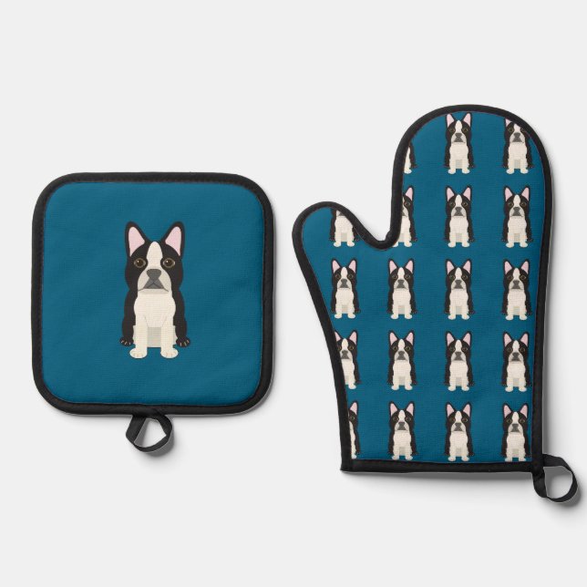 Boston Terrier blue Ofenhandschuh & Topflappen-Set (Vorderseite)