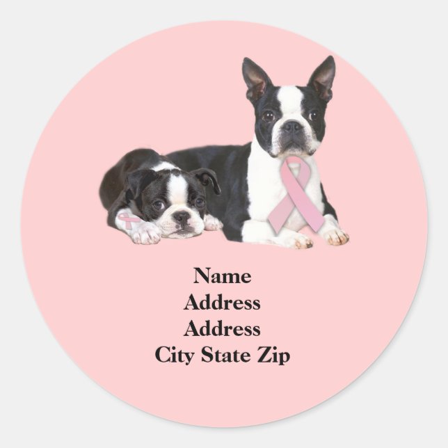 Boston Terrier Breast Cancer Address Label Runder Aufkleber (Vorderseite)