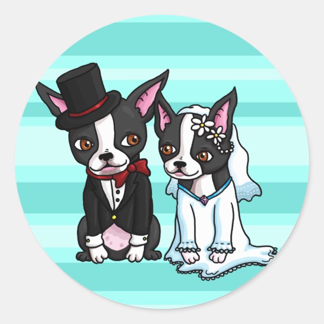 Boston Terrier Bride und Groom Runder Aufkleber (Vorderseite)