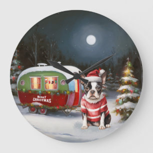 Boston Terrier Caravan Christmas Adventure Große Wanduhr