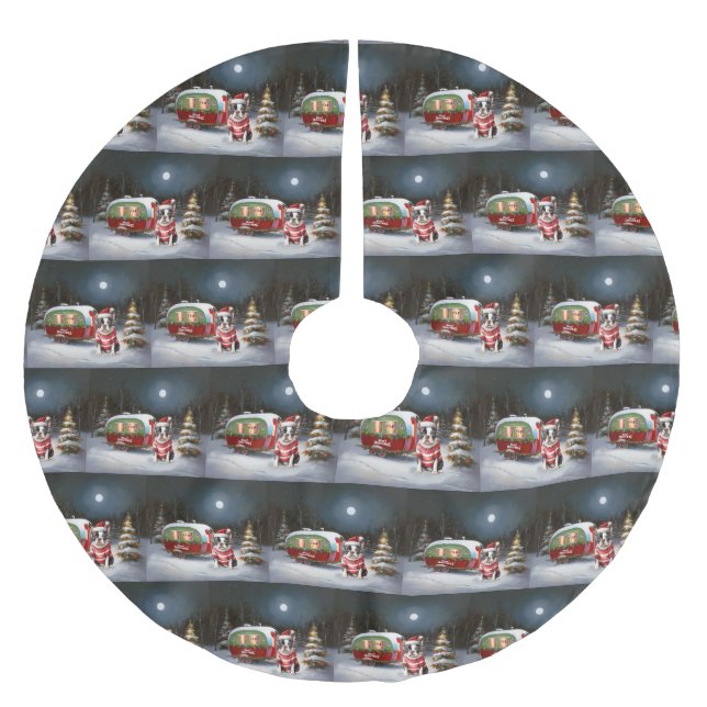 Boston Terrier Caravan Christmas Adventure Polyester Weihnachtsbaumdecke (Vorderseite)