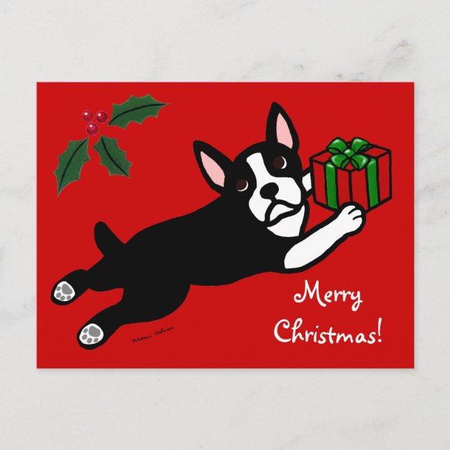 Boston Terrier Christmas 2 Cartoon Feiertagspostkarte (Vorderseite)