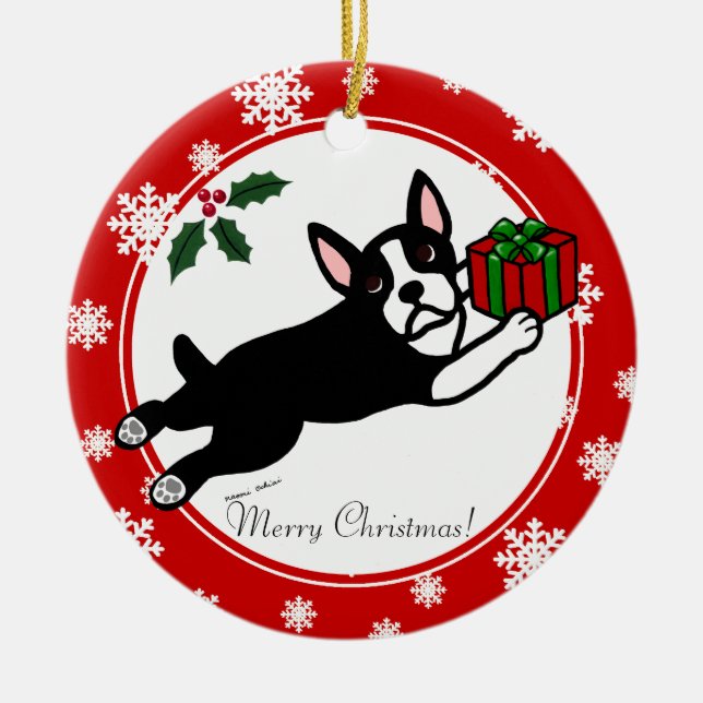 Boston Terrier Christmas 2 Cartoon Snowflakes Keramikornament (Vorne)