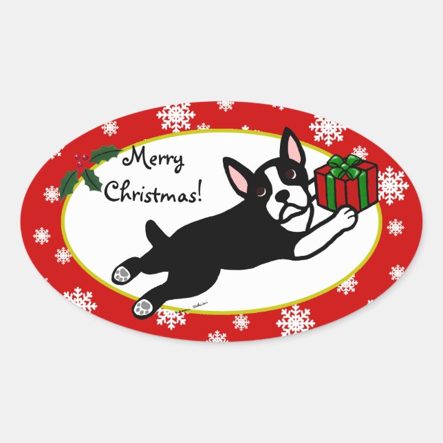 Boston Terrier Christmas 2 Cartoon Snowflakes Ovaler Aufkleber (Vorderseite)