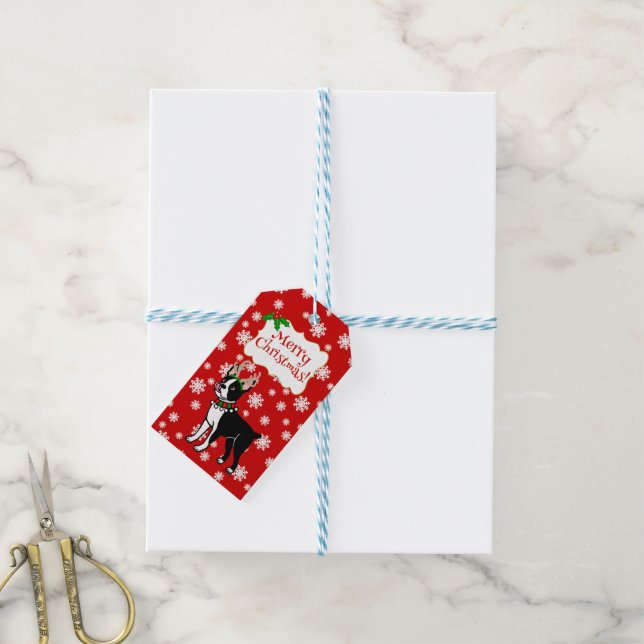 Boston Terrier Christmas Antlers Geschenkanhänger (Mit Garn)