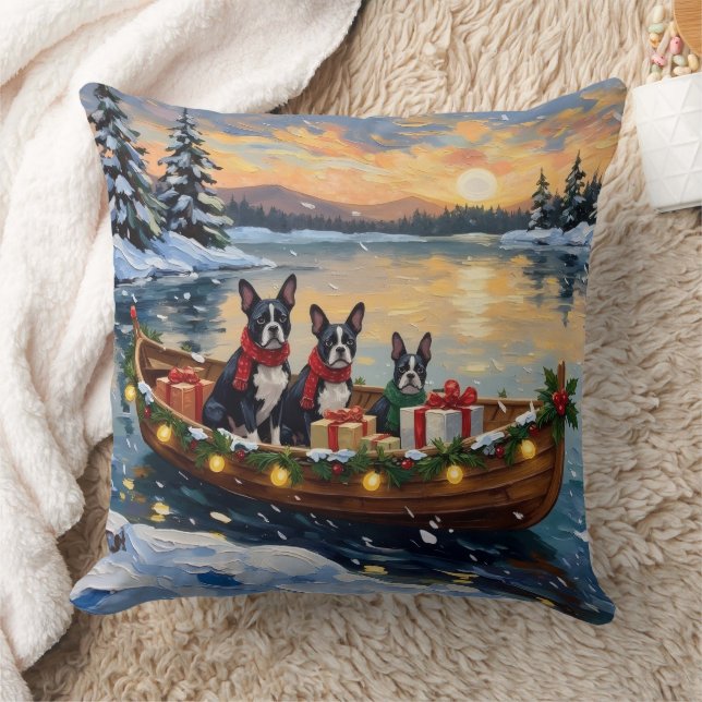 Boston Terrier Christmas Boat Holiday Kissen (Decke)