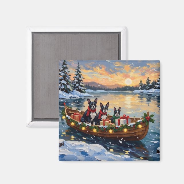 Boston Terrier Christmas Boat Holiday Magnet (Vorderseite/Rückseite)