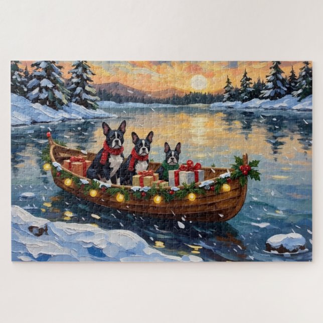Boston Terrier Christmas Boat Holiday Puzzle (Horizontal)