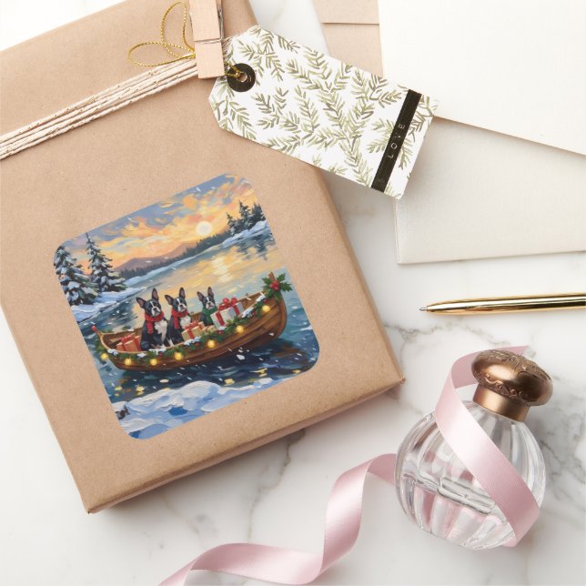 Boston Terrier Christmas Boat Holiday Quadratischer Aufkleber (Schenken)