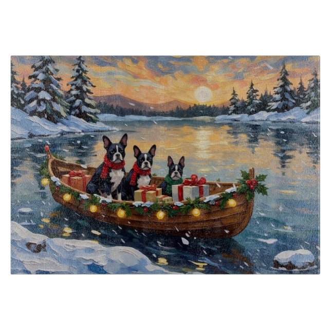 Boston Terrier Christmas Boat Holiday Schneidebrett (Vorderseite)