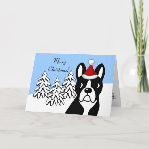 Boston Terrier Christmas Cartoon Snow Woods Feiertagskarte