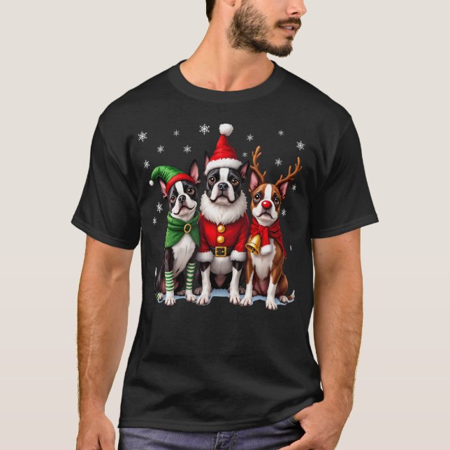 Boston Terrier Christmas Dogs Funny Santa Reindeer T-Shirt (Vorderseite)