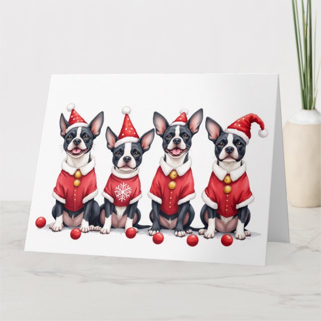 Boston Terrier Christmas Dress Santa Hat Karte (Vorderseite)