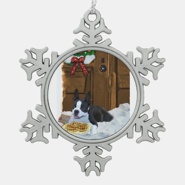 Boston Terrier Christmas Geschenke Schneeflocken Zinn-Ornament (Vorderseite)