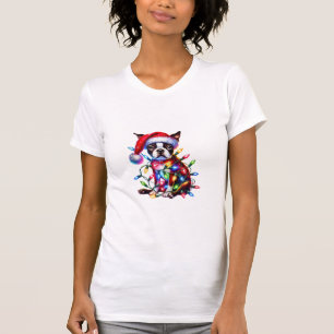Boston Terrier Christmas Lights Weihnachtsmannmütz T-Shirt