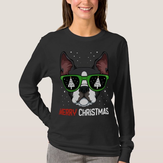 Boston Terrier Christmas Pajama Dog Sonnenbrille X T-Shirt (Vorderseite)