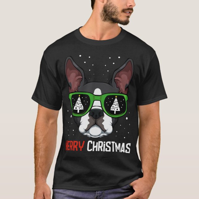 Boston Terrier Christmas Pajama Dog Sonnenbrille X T-Shirt (Vorderseite)