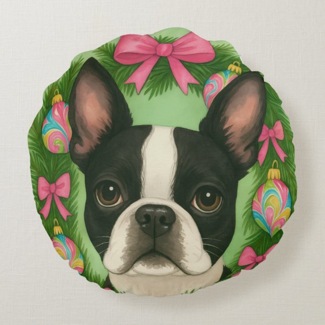 Boston Terrier Christmas Pillow Rundes Kissen (Rückseite)