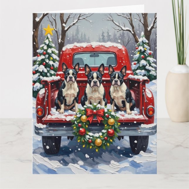 Boston Terrier Christmas Red Truck Holiday Karte (Vorderseite)